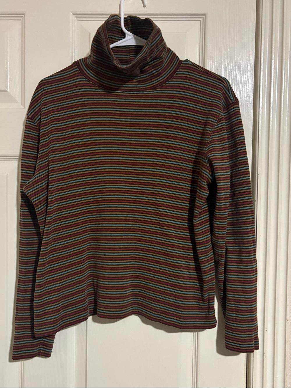 Striped Turtleneck Long-Sleeve Tee in Brown and Green